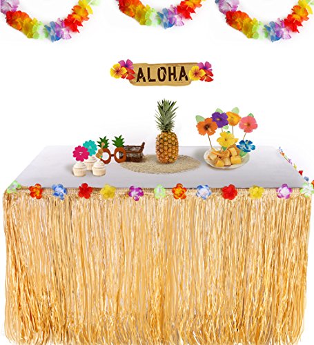 Gorse Hawaiian Party Decorations with 9ft Hawaiian Luau Grass Table Skirt Tropical Palm Leaves Tropical Hibiscus Flowers 