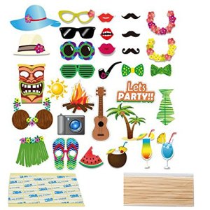 Luau Hawaiian Themed Photo Booth Props Kit for Holiday, Summer Festivals Celebrations, Beach Pool Wedding Birthdays Party Supplies - 32 Pcs