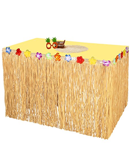 9 x 29 RINCO Luau Natural Color Grass Table Skirt Decoration with Tropical Flowers 